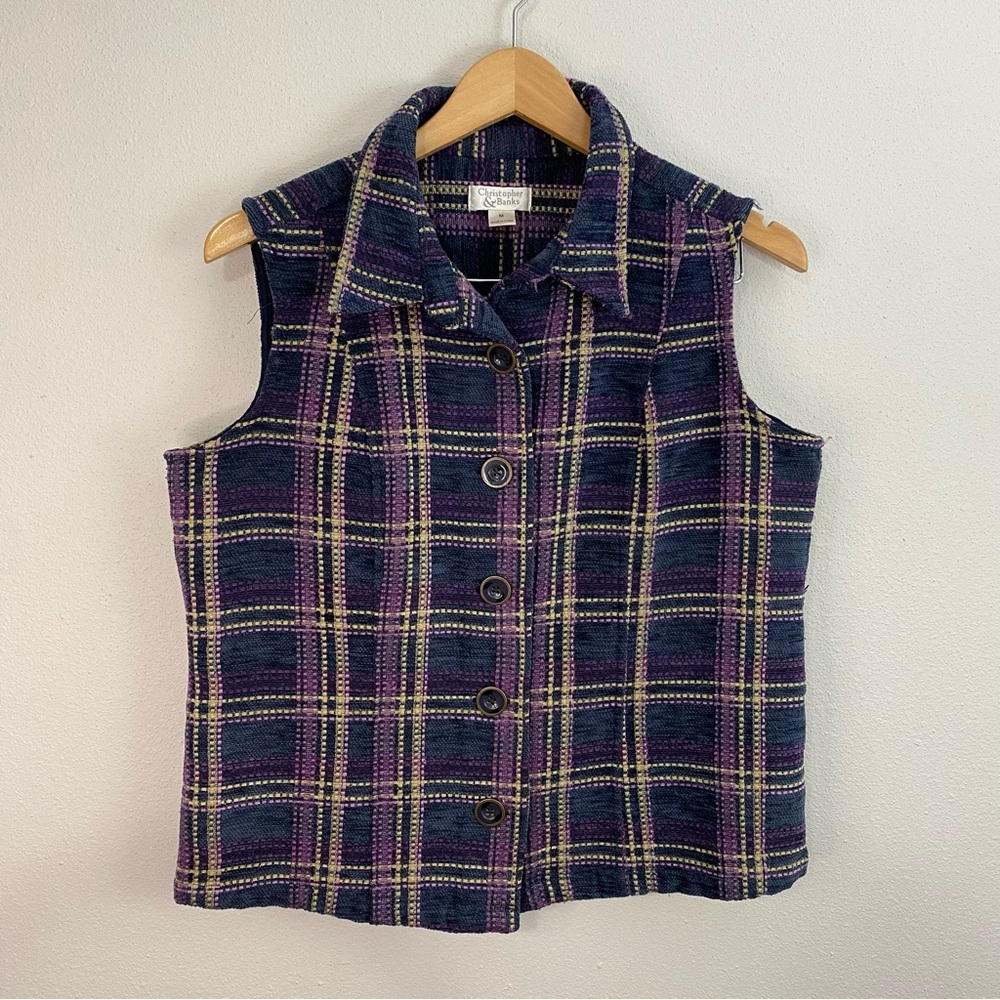 Christopher and Banks Purple and Black Plaid Striped Vest Women's Size Medium